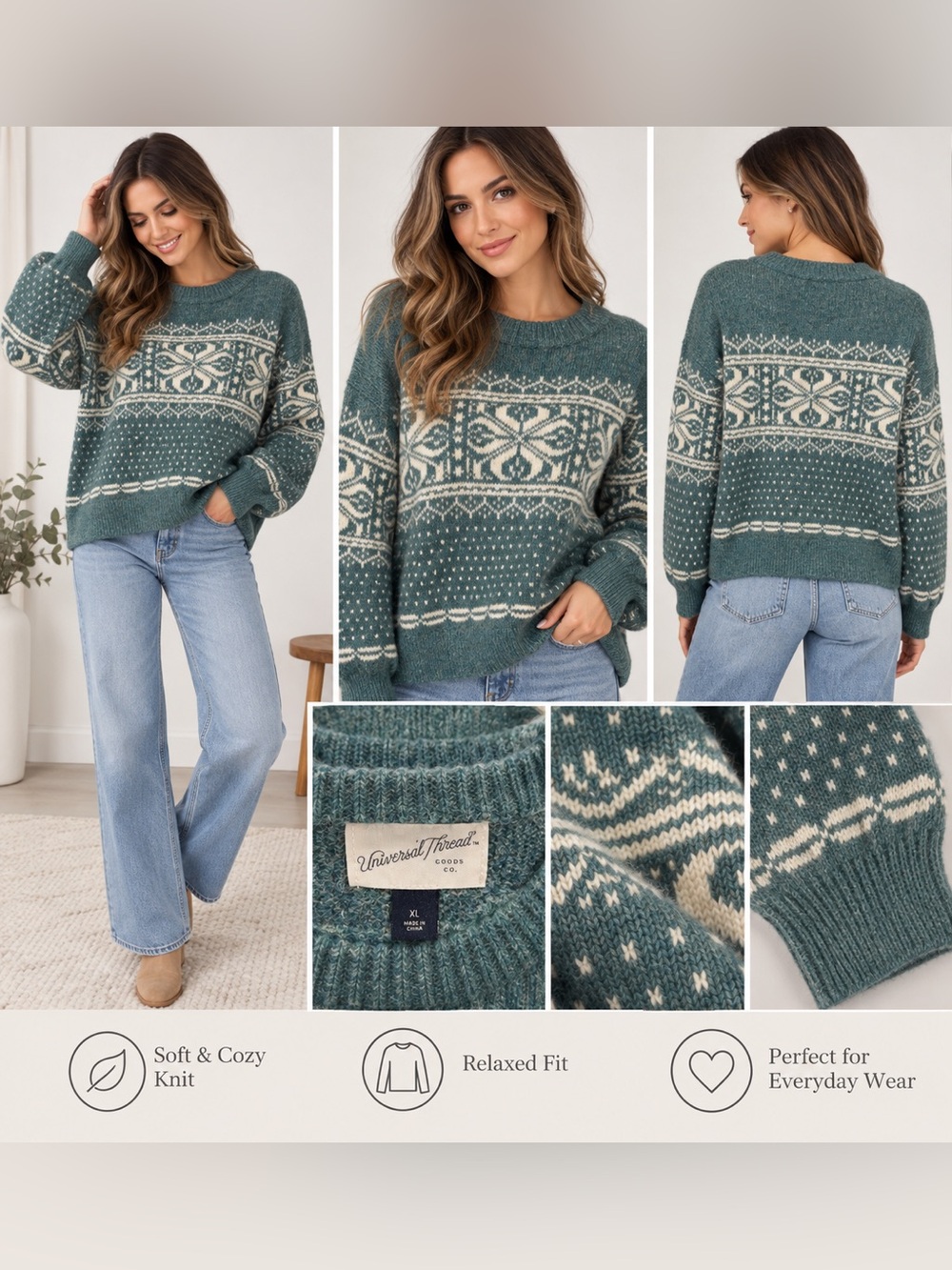 Universal Thread XL Teal Fair Isle Nordic Cozy Knit Sweater NWOT